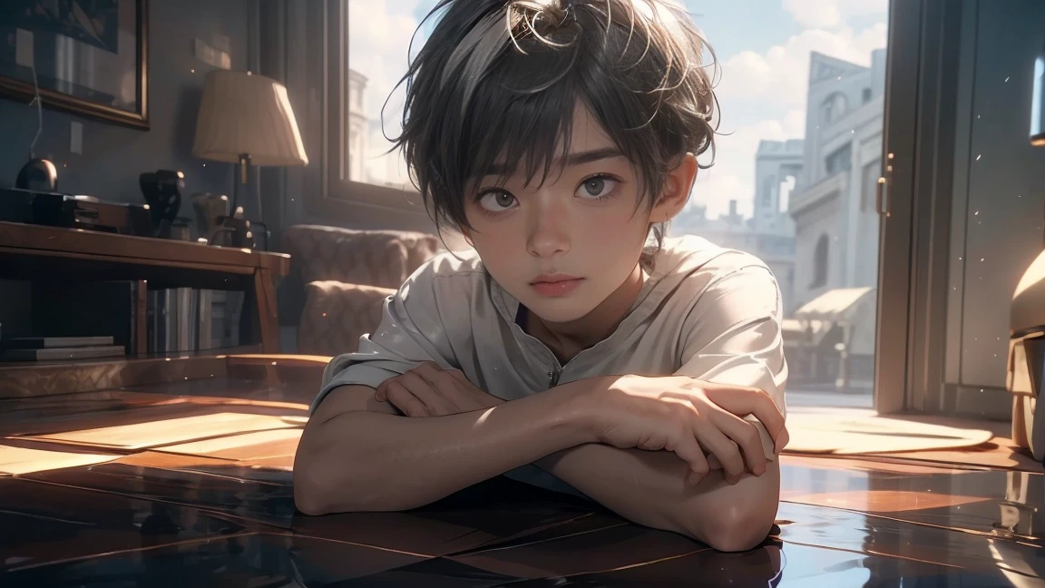 masterpiece,Game Art,Best picture quality,Maximum resolution,8k,(Upper Body),Unreal Engine 5 rendering works,(Digital photography), (((Boy looking at his arm)))，Ultra-high resolution, Extremely detailed, light, closeup of arms, handsome boy, Dark Eyes, (delicate eyes, Eyes are bright:1.2), Gray short hair, Fair skin,Dark, Grey sweatshirt, Sweatshirt with hood,(perfect anatomy:1.2), High quality shadows, Natural Lighting, (white highlights:1.2), night, cloudy day, (at home:1.2), (Room:1.2),Ray Tracing,RAW photos,((3D Unreal Engine)),OC rendering reflection mode