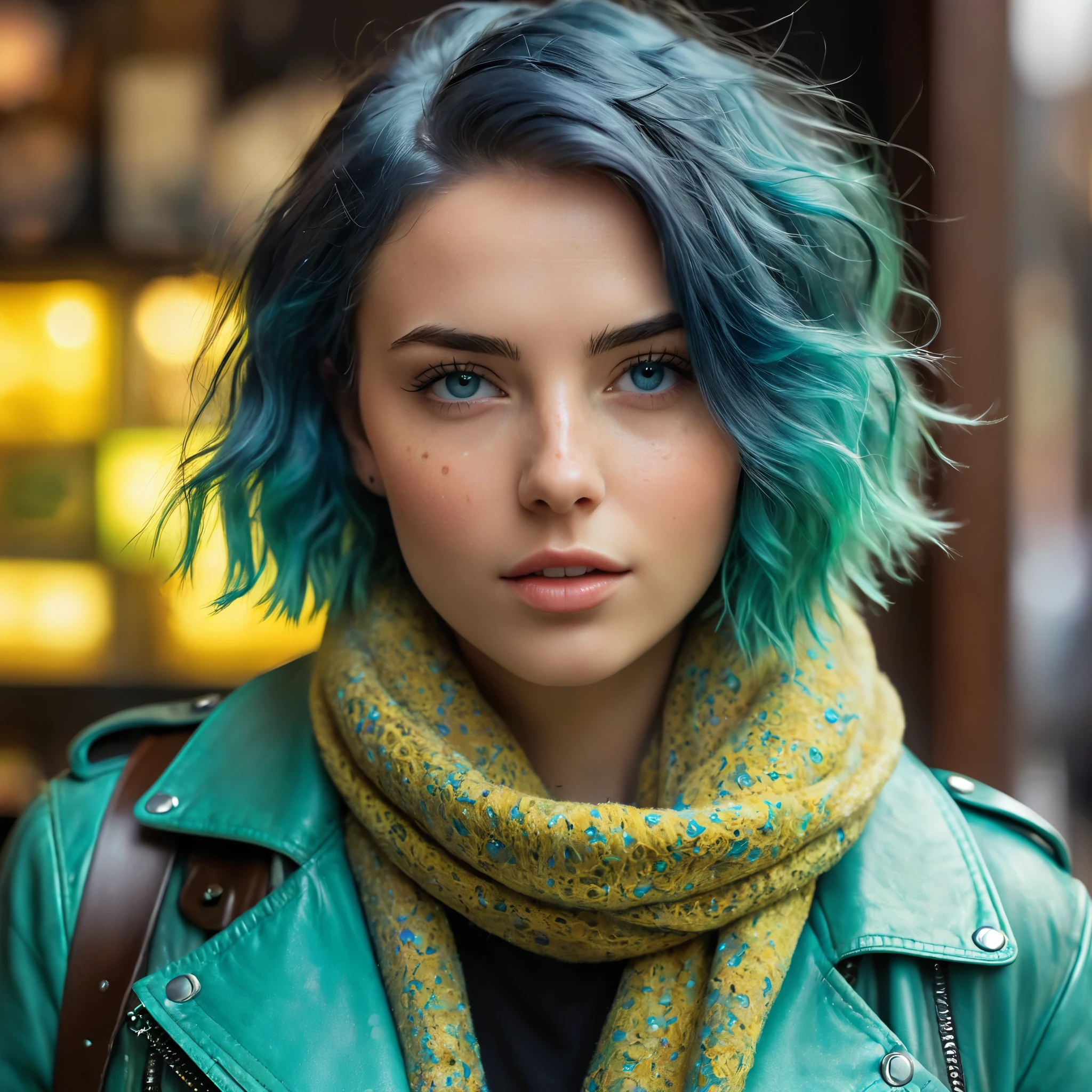 (((Woman, 20 years old, Nordic ethnicity, short blue hair))), ((perfect face, light freckles, Blue-Green eyes)), wearing a trendy leather jacket and a casual scarf. Surrounded by abstract coffee elements and musical notes. Her expression is mysterious, hinting at excitement. Background features a blend of coffee steam and neon musical waves. (((Color palette - turquoise, neon green, yellow shades))), (best quality, 8k, masterpiece, ultra-detailed, photorealistic, dynamic lighting)