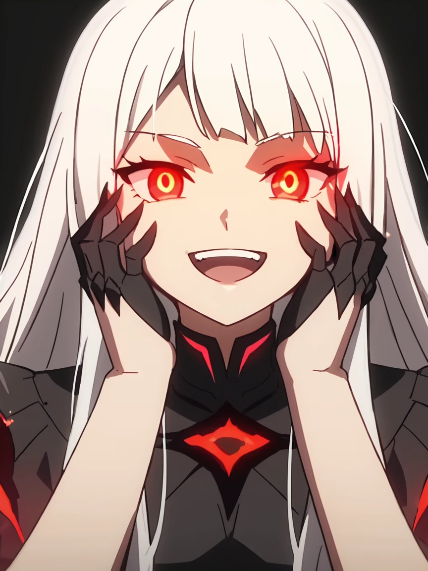 score_9, score_8_up, score_7_up, anime_source, source_anime, best background, anime screencap, 1girl, red eyes, solo, glowing, hands on own face, smile, white hair, open mouth, abyssal ship, black background, looking at viewer, long hair, glowing eyes, glowing eye