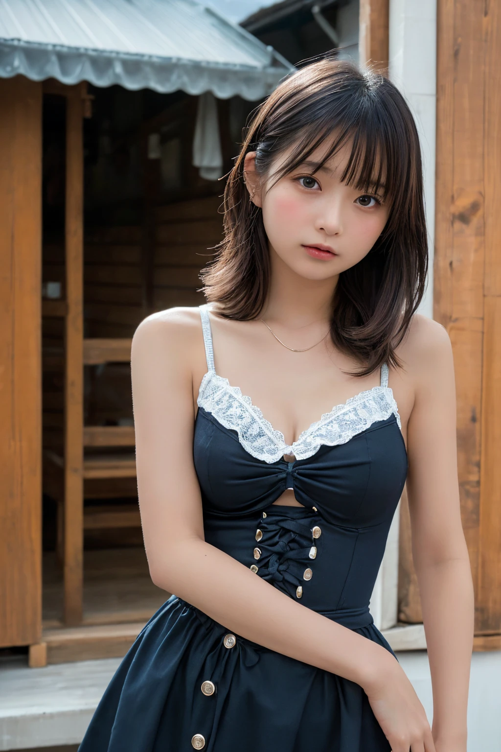 high quality、masterpiece、Ultra-high resolution、beautiful girl、beautiful girl顔、Cute girl face、cute ruffle swimsuit、Braiding、whole body、whole bodyを撮影