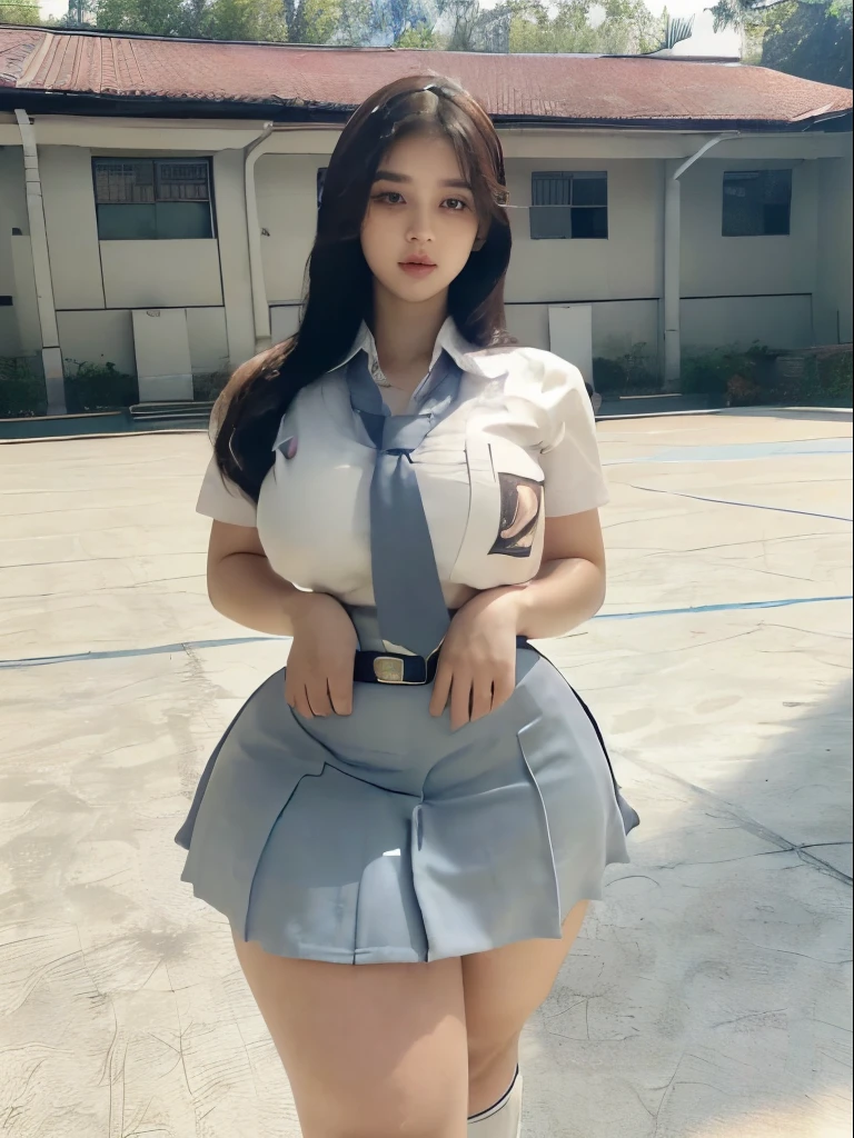 huge tit, ((hi-school girl)), breasts cleavege, pencil skirt, ((tight)), scholl uniform, pink bra