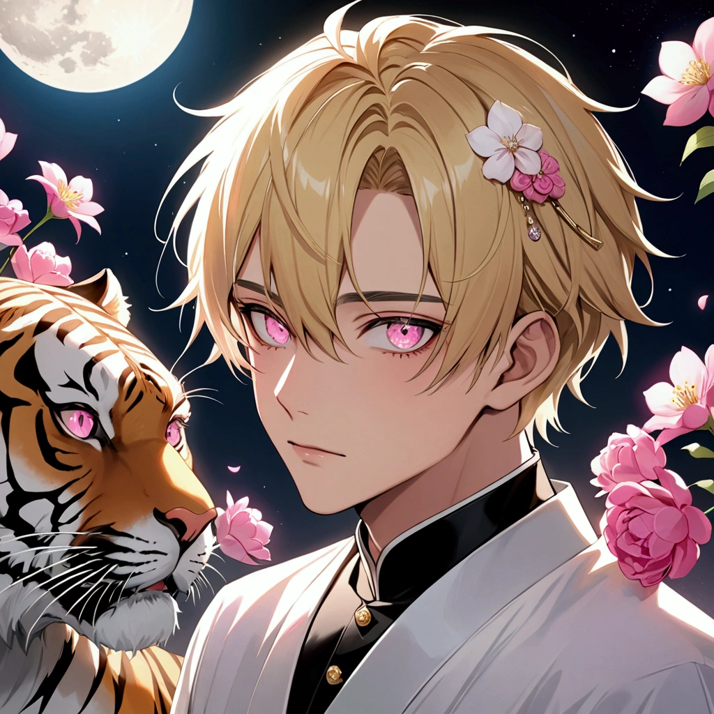 Handsome beautiful boy, High resolution, short hair, blonde hair, masterpiece, best quality, detail, Tempting, Pink gradient colored eyes, Eyes have light spots, ribbon, love hairpin, transparent gauze, flower, Audai, 一隻三flower貓, moon, Tiger Teeth