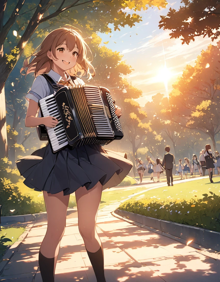 super fine illustration, highly detailed, dynamic angle, beautiful detailed, 8k, In September, after school, in a calm and quiet park, BREAK a high school girl practices the accordion happily, her smile shining as she plays. BREAK The sunset softly lights the park, casting long shadows from the trees. BREAK Musical notes dance lightly in the wind, and her bright music fills the peaceful atmosphere.