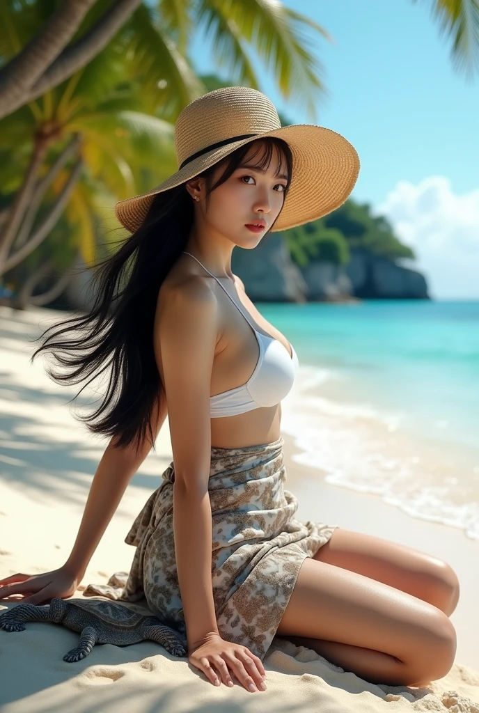 （top-quality、8K、32K、​masterpiece,)japanese woman、prety woman,on the beach , Beautiful sunset,a white bikini、kneeling pose