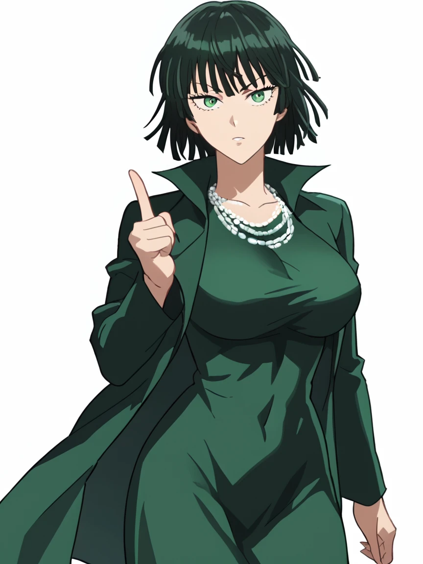 score_9, score_8_up, score_7_up, anime_source, source_anime, best background, anime screencap, 1girl, fubuki (one-punch man), solo, green eyes, dress, breasts, necklace, black hair, jewelry, white background, short hair, green dress, large breasts, jacket, simple background, bangs, looking at viewer, jacket on shoulders, coat, index finger raised, covered navel, long sleeves