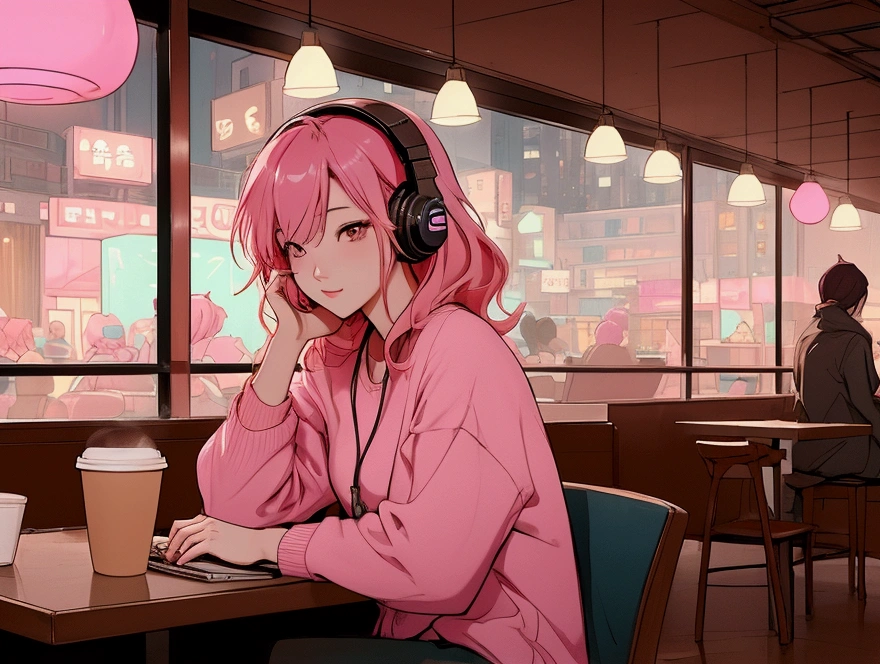 Ghibli-style anime scene,Asian woman with pink hair wearing headphones in a cafe at night,Smoke a cigarette,A table with drinks,Neon Black,Highest quality,Model shooting style