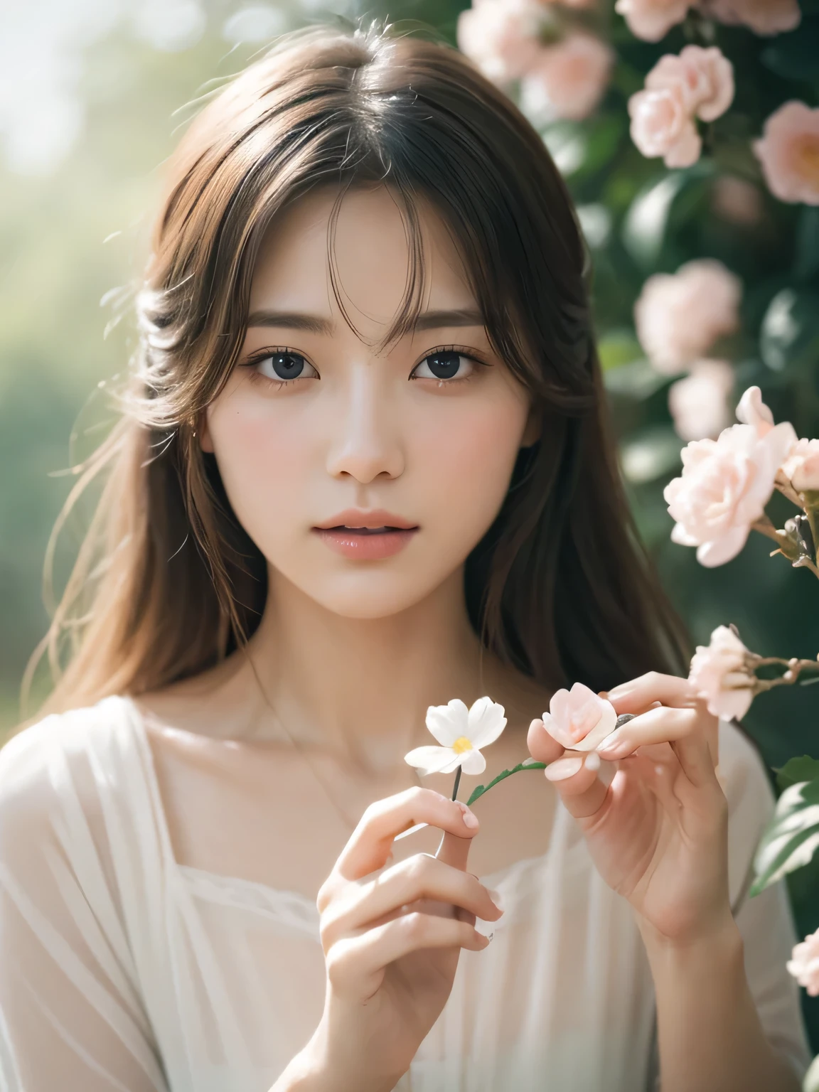 A woman holding a flower in front of a bush of flowers - SeaArt AI