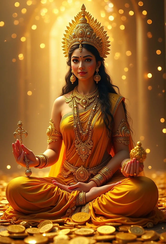 a woman sitting on a lotus flower throne surrounded by flowers, Indian Goddess of Wealth, Um retrato impressionante de uma deusa, Indian Goddess, deusa bonita, hindu aesthetic, deusa divina, Retrato de uma bela deusa, Deusa do amor e da paz, deusa feminina, gorgeous goddess of leo, arte da deusa, Deusa da sabedoria, deusa. Detalhes extremamente altos
