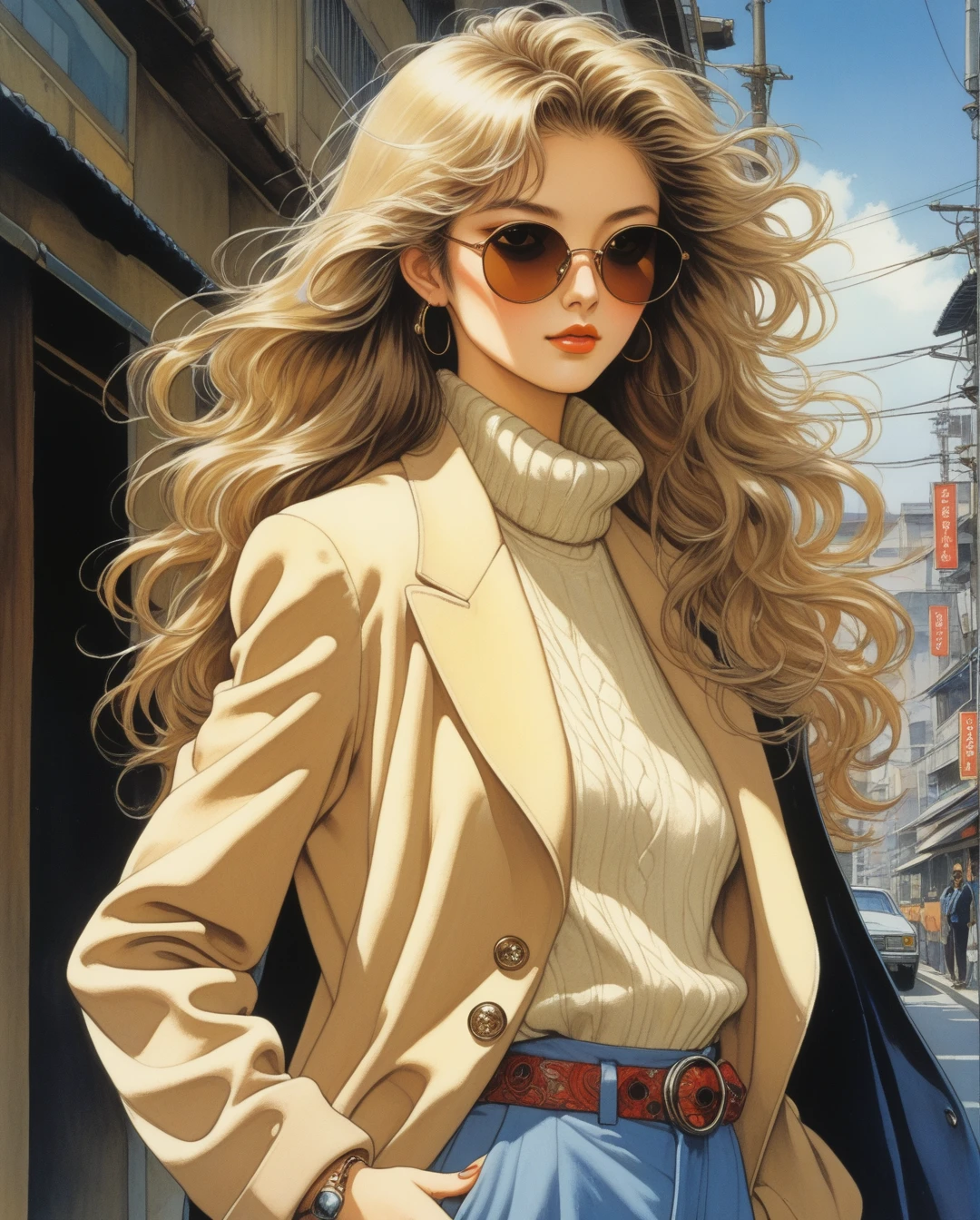 amano yoshitaka,  Art style by Noriyoshi Ohrai, Hajime Sorayama, Hiroshi Nagai, (Masterpiece, Top Quality, Super Deatail, High Resolution, Best Illustration), Logo Design, Chic Street Style
An anime girl with long wavy hair, dressed in a fitted turtleneck sweater, oversized blazer, and wide-leg trousers. She poses with one hand on her hip and the other playfully adjusting her sunglasses, exuding confidence. The background is a light beige.