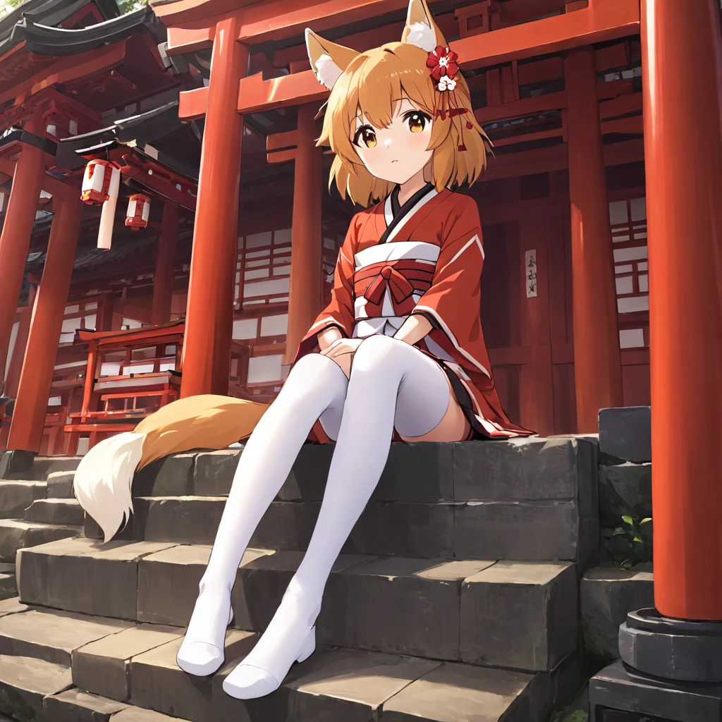 1girl, senko san, legs in white stockings, japanese clothes miko, animal ears, flat chest, fox ears, fox girl, single fox tail, hair flower, hair ornament, sitting near the Inari temple