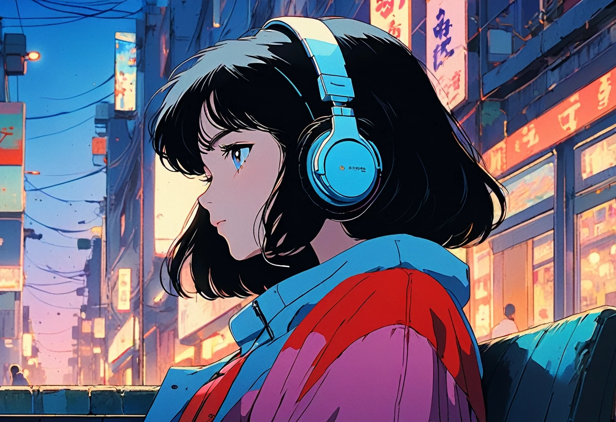 ((Best Quality)),(masterpiece)),(detailed),(Realistic),80s Anime、Wide angle shooting、Long-distance shot、Ghibli style、Lo-fi art style、Nostalgic、Cityscape at dusk、Woman sitting and listening to music、The girl is wearing headphones and has her eyes closed、Beautiful black hair with short hair