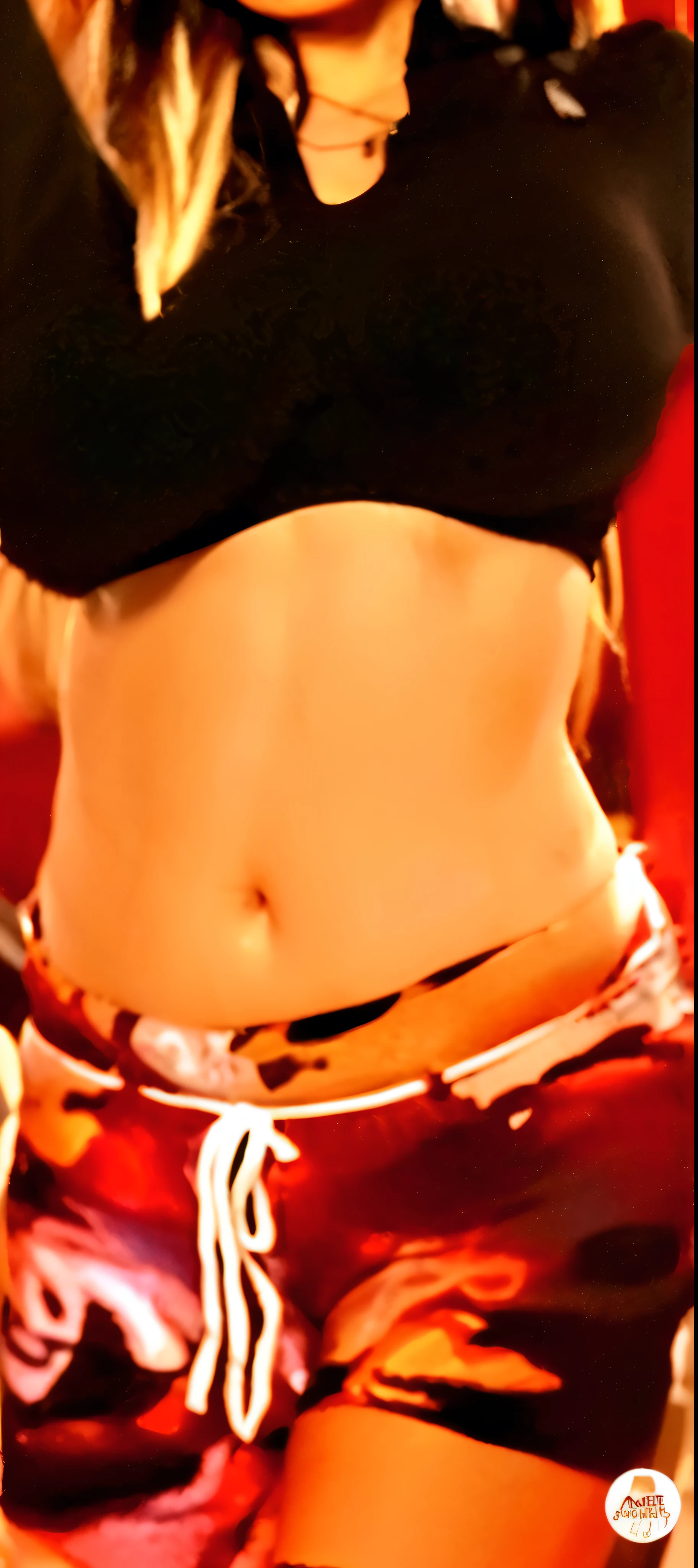 professional portrait of a Korean born female pop dancer and choreographer and Singer and rapper All dressed in her black long sleeve crop top shirt has a hot midsection with a belly button innie and wearing her multi color tiger cheetah Jaguar stripe pants with white laced pant tie sticking out and she is posing for a dance pose and she is dancing in a Red background at millennium dance complex in studio City California.