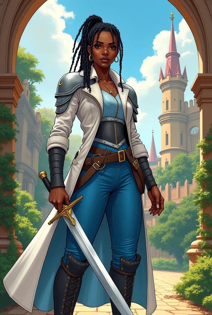 A vector cartoon illustration style, A young woman with long black hair and dark skin, wearing a white tank top and black leather pants. She has pointy ears and holds a sword. High fantasy sketch.