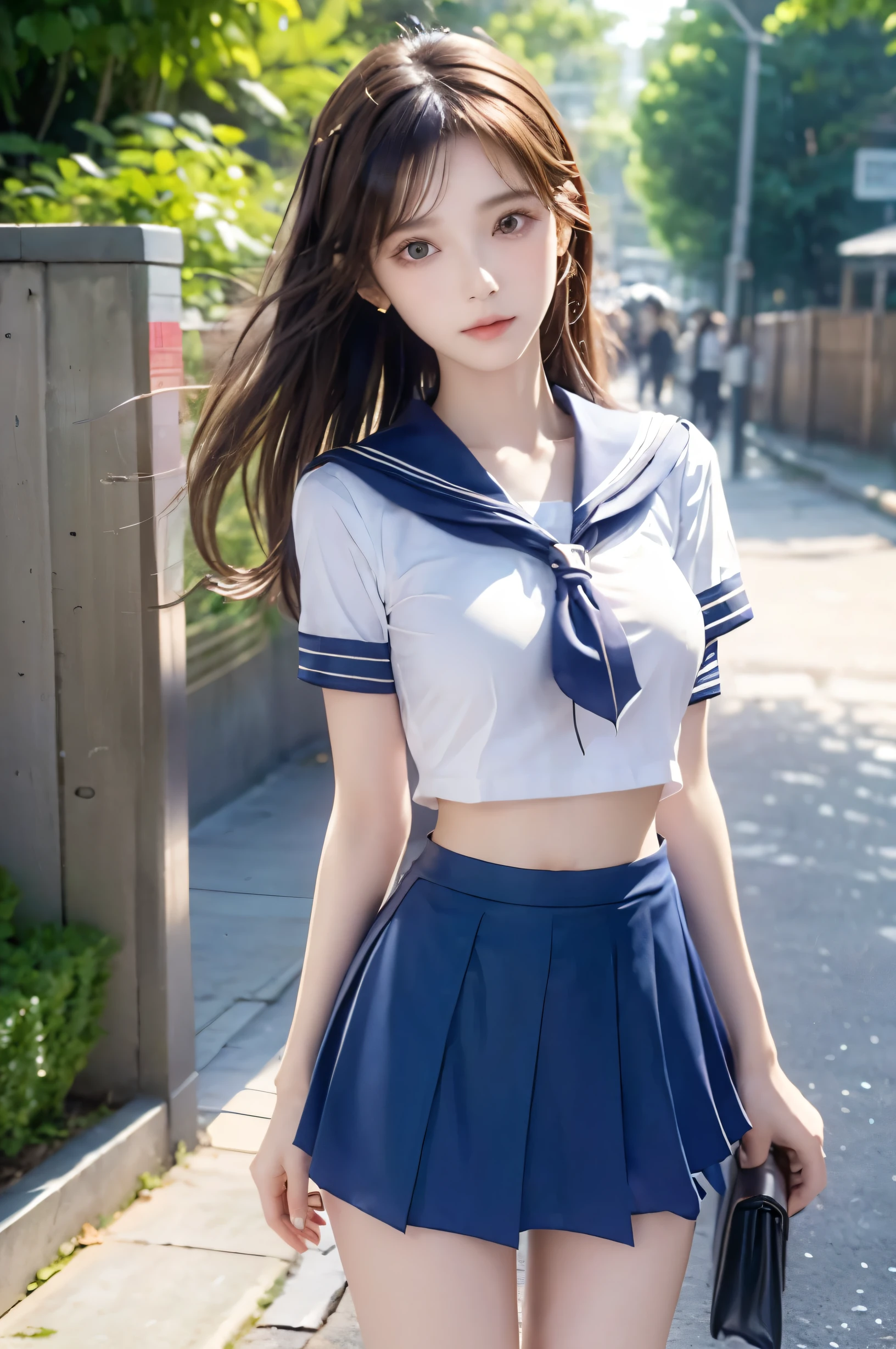 (Ultra HD), (Looking at me), (Short-sleeved sailor uniform, Navy blue mini skirt), Big Breasts, Super beautiful breasts, Slender, (Thin legs:1.2), (Thin thighs:1.2), (Thin Hips:1.4), (Beautiful Skin, Shiny skin, White skin), (Super slim face, Super beautiful face, No makeup, Smile:0.6), (Light Brown, Long Hair, Layered Cut, Fluffy hair), (Big eyes:1.4, High corners of the eyes:1.4, Double eyelids), (Thin eyebrows:0.1), (Small Nose:0.6), (Thin lips:0.6), Standing, In front of the school gate