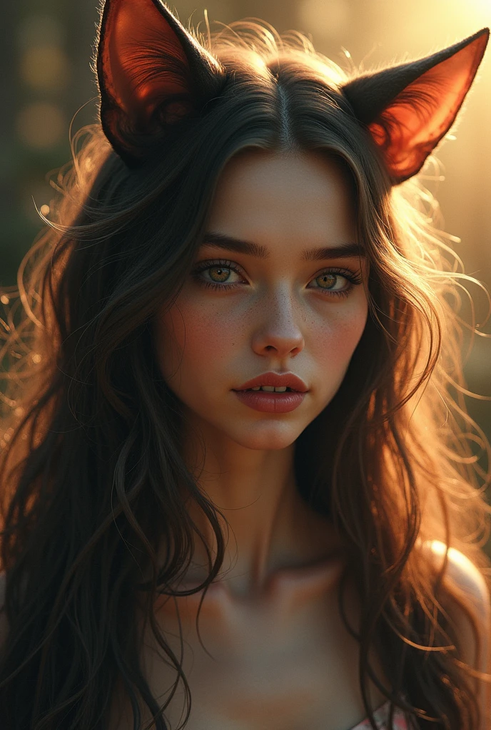A young woman has thin, pointed ears, similar to those of a feline. These ears are slightly translucent, showing delicate details in the sunlight, as if they were woven from a fine silk fabric. 
**Skin Color:** Her skin is a dark brown tone, similar to the earth in the rain. This neutral tone reflects her connection with the earth and nature. Her skin is soft to the touch, with a lightness that reminds of the warmth of the afternoon. 
**Hair:** Her hair is long and curly, a dark brown that shines with golden highlights in the sun. Her strands are so fine and silky that they seem to be always in motion, floating with the slightest touch of wind. She leaves them loose, allowing the breeze to play with them, there are small wildflowers intertwined. 
**Eyes:** Her eyes are a stormy yellow, reminiscent of the afternoon sun before dusk. They have a constant, restless glow.  **Facial Features:** She has delicate and elegant facial features, with high cheekbones and a slightly pointed chin that enhances her agile expression. Her face is firm and has a serious expression. Her lips are thin and curved. Her arched and thin eyebrows frame her yellowish eyes, giving her an expression of eternal seriousness.
**Body:** She is slender and sexy, with a body that seems made for seduction. Her movements are quick and graceful, almost as if she were dancing to the rhythm of the wind. She has a firm and confident posture, ready to move at any moment, as if nothing could hold her back. Her arms and legs are strong and elegant, reinforcing her appearance of always being in motion.
**Clothing:** She prefers short and tight clothes, made of fine fabrics that cling to the body. She usually wears native clothes in shades of red, white, and orange, which imitate the colors of the sky at dusk. Her outfits are often adorned with small natural details. She also wears braided leather belts.
