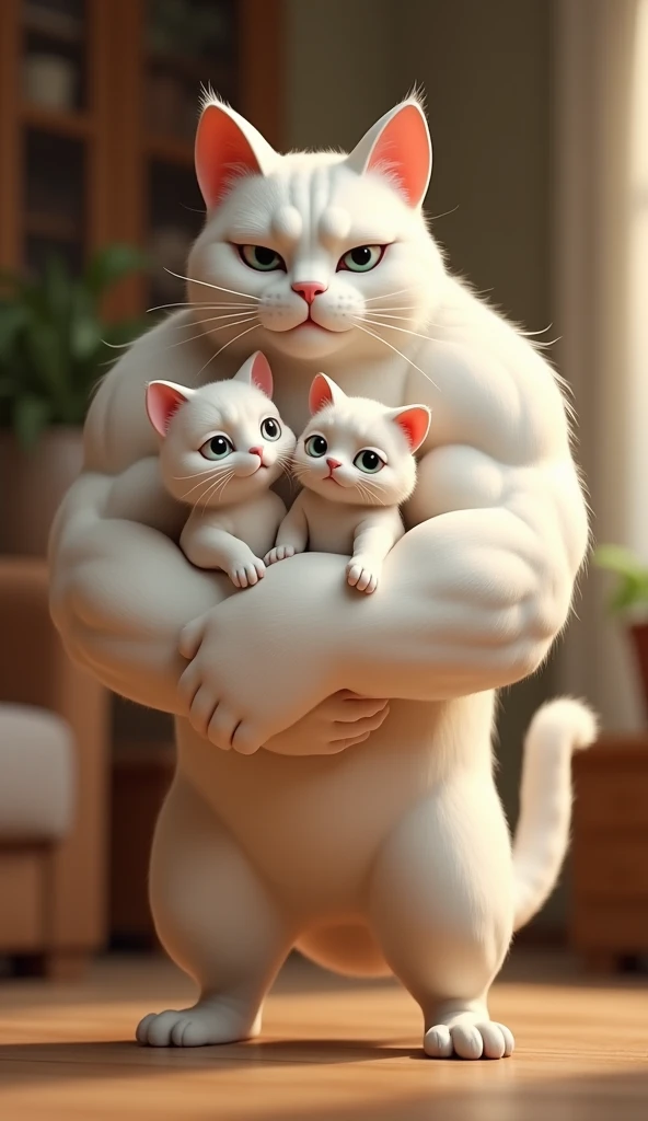 White cat gives birth to a yellow cat in the hospital. The father is gray, he is pumped up like a man and has hands like a man, he is happy