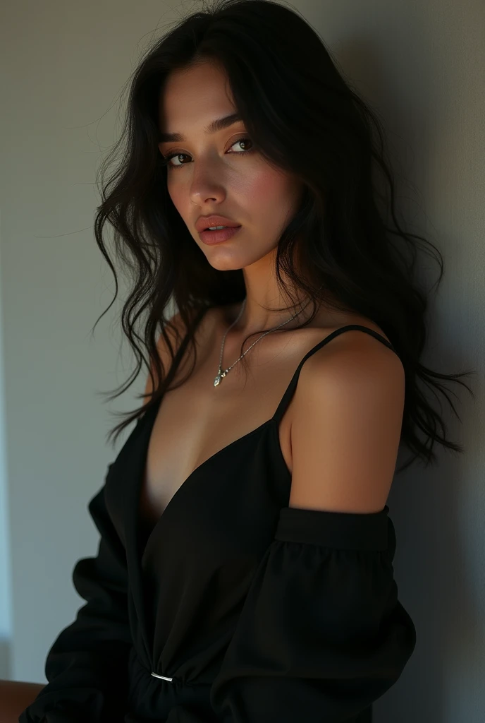one pretty girl, solo, supermodel,dark black long hair, makeup, parted lips, big , cleavage, tank top, further jacket, open clothes, (looking at viewer), standing against wall, indoor, thighs, soft lighting, film grain, upper body, epiCPhoto, (best quality:1.2), (masterpiece),((ultra-detailed)),
