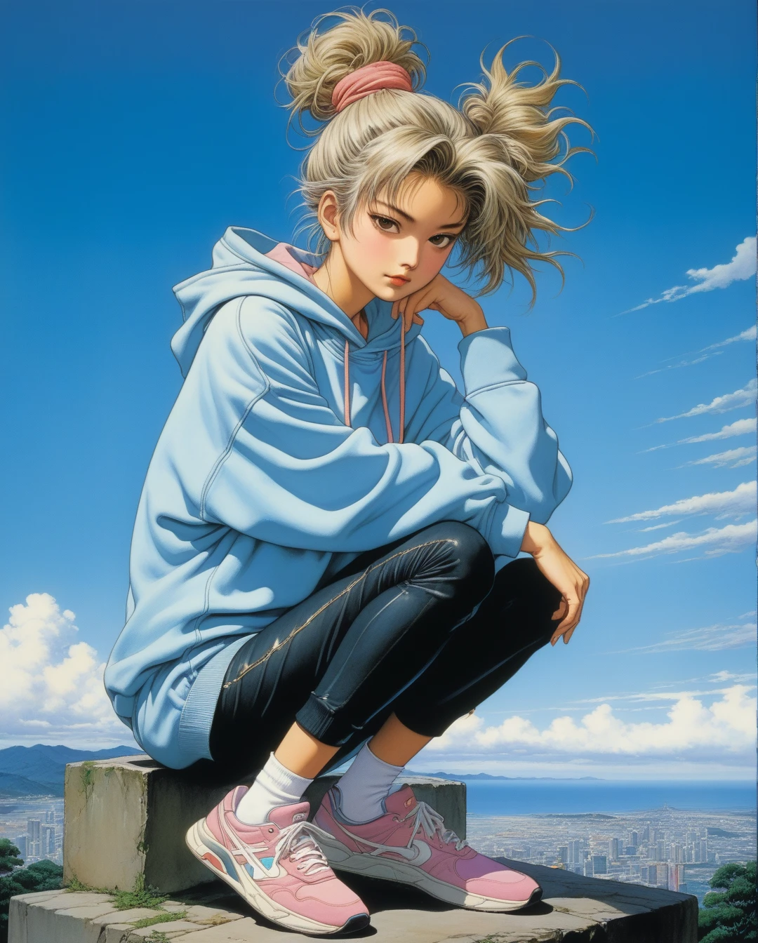 amano yoshitaka,  Art style by Noriyoshi Ohrai, Hajime Sorayama, Hiroshi Nagai, (Masterpiece, Top Quality, Super Deatail, High Resolution, Best Illustration), Logo Design, Oversized Hoodie
An anime girl with messy hair in a loose bun, wearing an oversized hoodie that covers most of her legs, paired with knee-high socks and sneakers. She casually leans forward, hands in the hoodie pocket, giving a laid-back vibe. The background is a soft pastel blue.