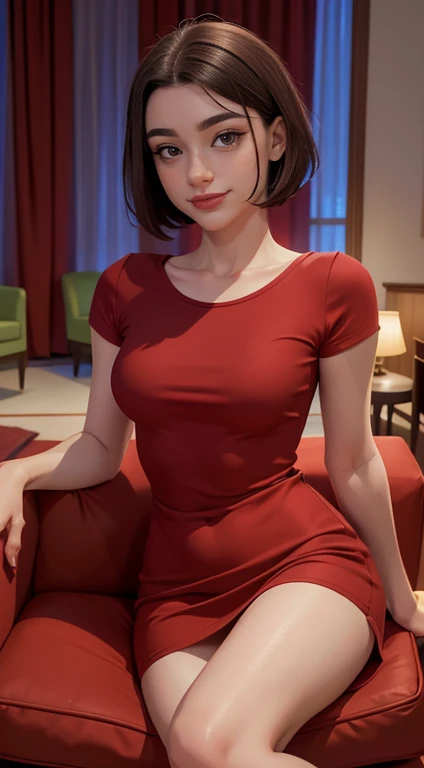 Hyperrealistic close-up photo of Dasha Taran wearing a red T-shirt dress, Sitting in an armchair, Beautiful legs, Sexy pose, Hotel lobby, Beautiful woman, Skinny, Medium breasts, Black short hair (Bob Hairstyle:1.2), Delicate face, Smile, face camera, Photos taken from a distance, 18 years old