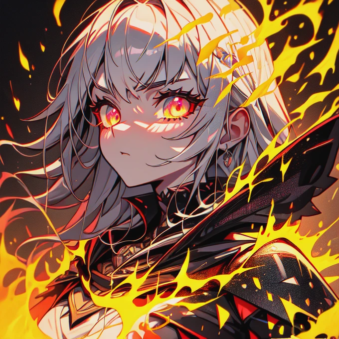 ((super fine illustration, 8k, Masterpiece :1.2, Sharp focus :1.2, depth of field:1.2)), Beautiful swordswoman, absurdity, Highly detailed face and skin texture, silver hair, jet-black armor, flame armor, cloak wrapped in flames, sword wrapped in flames, flame wings, determination to overcome sorrow, A sign of determination in your gentle eyes , strong soul