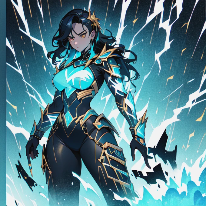 4K, Masterpiece, highres, absurdres,, edgThunderstruck, a woman with a blue and gold armor ,wearing edgThunderstruck_armor, electrified, weilding thunder,  