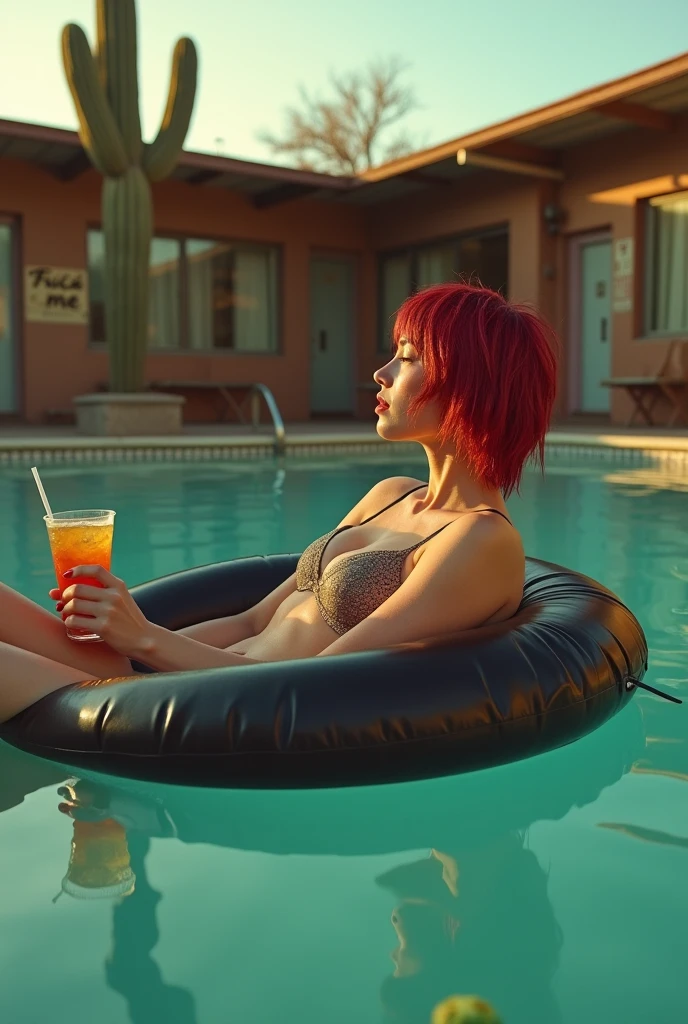 junemodel is A female vampire in a bikini sits inside a bubbling hot tub next to a pool at an economy Arizona hotel. Neon lights from a flamingo sign light the water. She is drinking a red cocktail. 1980s 35 mm film grain. Realistic. Night time lighting. Bokeh. portrait. face closeup.