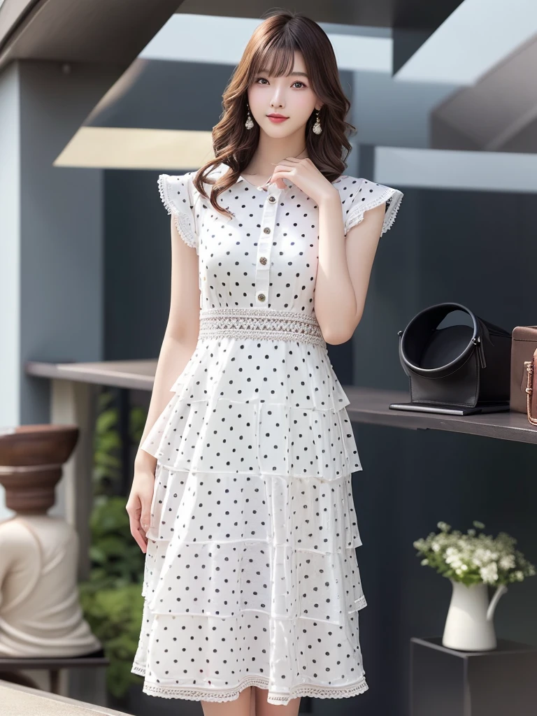 Photo-realistic quality、A 20-year-old Japanese model is standing in a white dress、 rococo ruffles dress, white with black spots,Stylish dresses、White Summer Dress、Cute Dresses、Looking at the camera、Detailed and beautiful eyes、Cute smile、A soft and gentle look