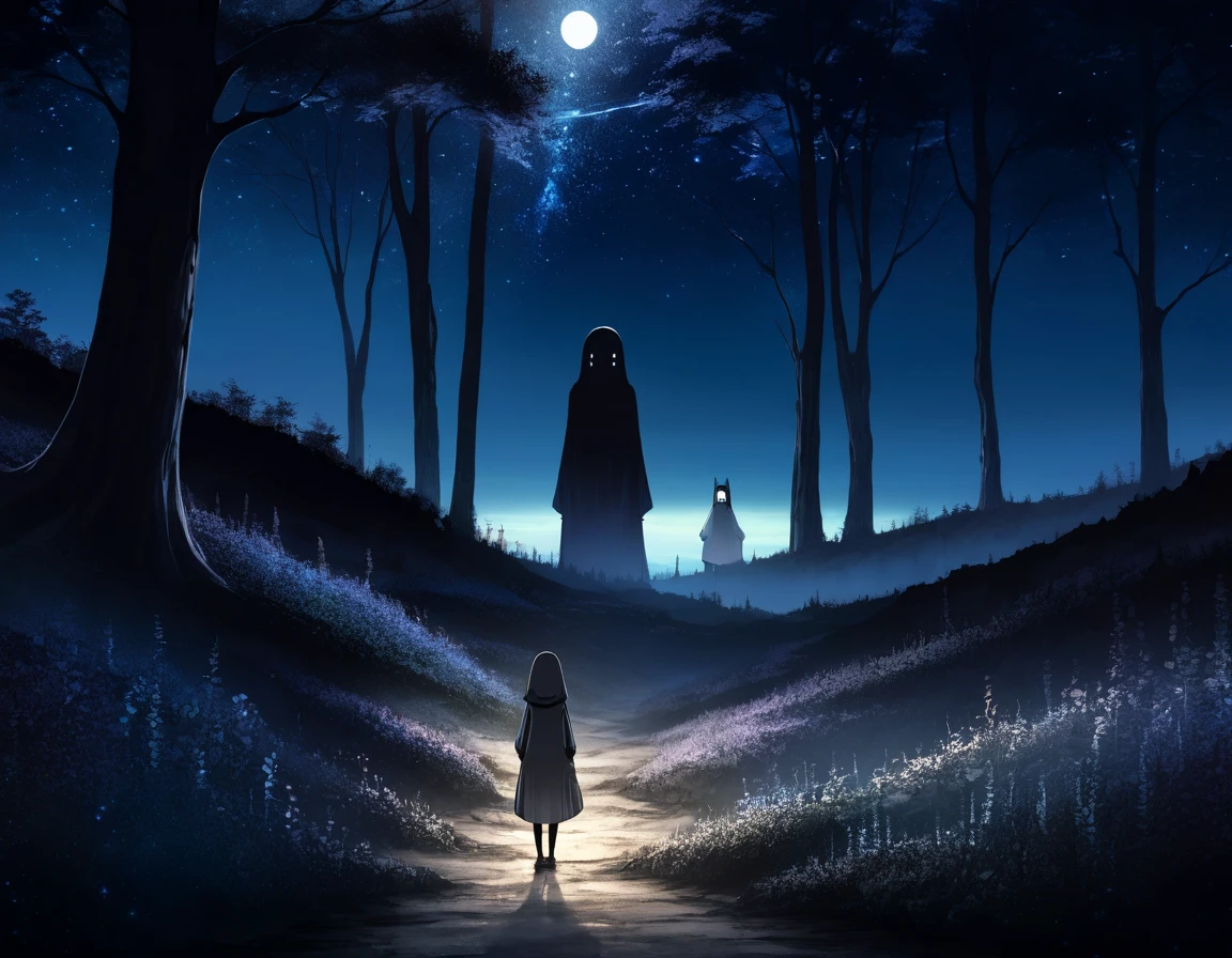 8K,high res,1 woman,((view of back)),((no face)),she stands the front of the beautiful landscape,night