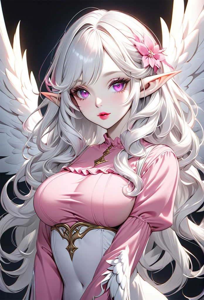 Female, with pale white skin, with pink eyes, with pretty pink lips, A long sleeved ruffled olden style top, has very long curly white hair, has pointy elf ears, with white wings, has boobs.