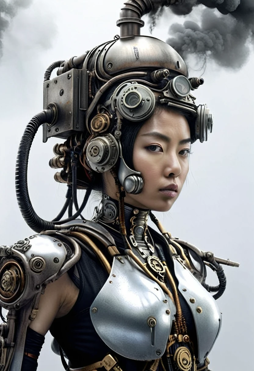 ohwx japanese women, a steam punk cyborg, front view, white background, unreal engine, inspired by HR Giger, half body portrait, highly detailed, photo realistic, cinematic, movie still, captured in the style of Sony Alpha A7 III camera