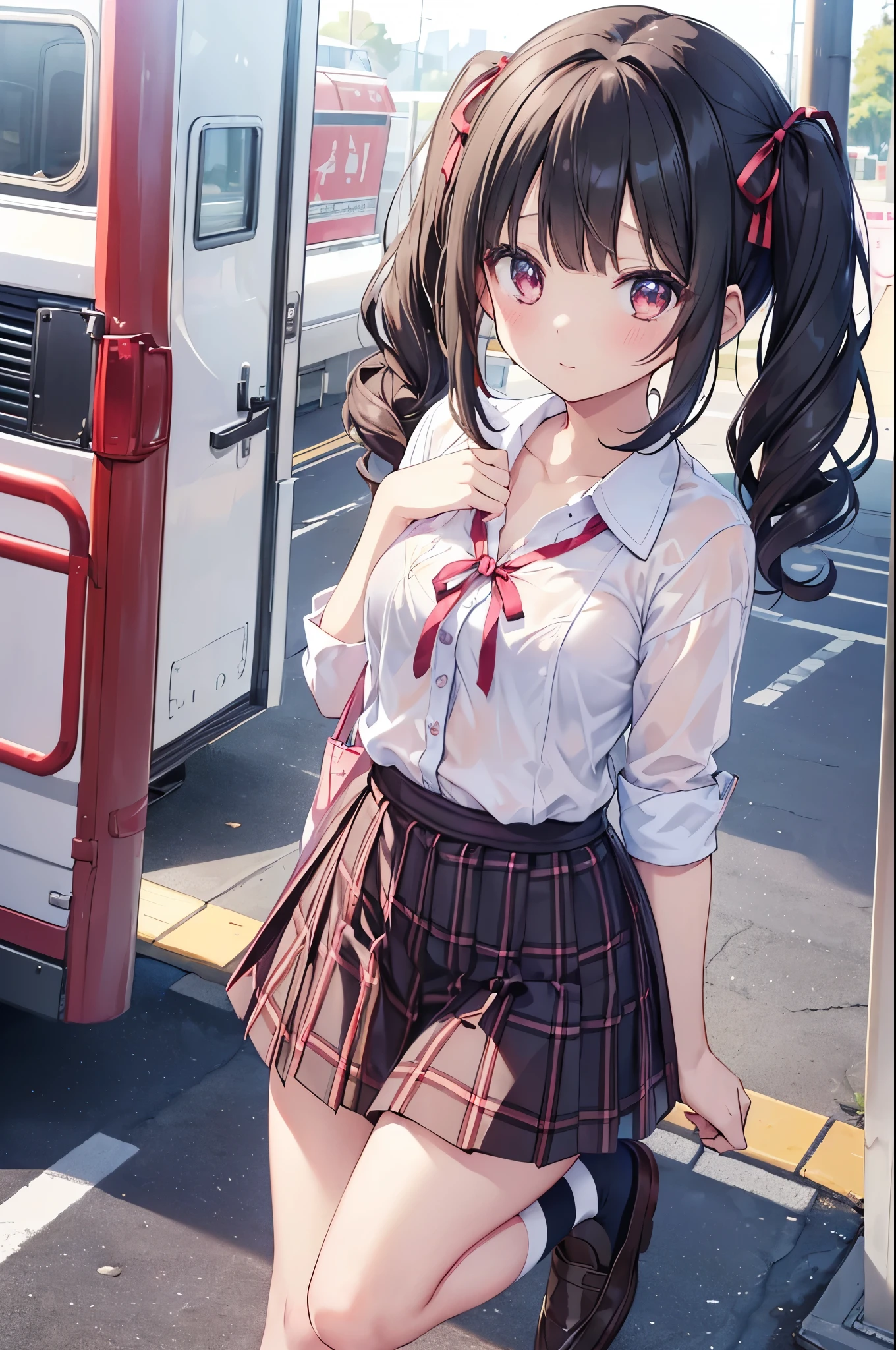 masutepiece, Best Quality,Illustration, Wallpaper, Ultra Detail, A man in a suit standing behind a girl、Little Face Girl、(((molesting)))、ren Detailed eyes, long, (fear:1.5)、(Teary-eyed:1.5)、Dark hair color、(((Cute underwear in red)))、(Sweaters、Kilted skirt)、plump bust star))、very Bigger breasts、Colossal tits、No bra、No panties、No panties、(((Highly detailed female genitalia shape)))、On the train、((A girl whose body is touched by men))、((A man flips up a skirt))