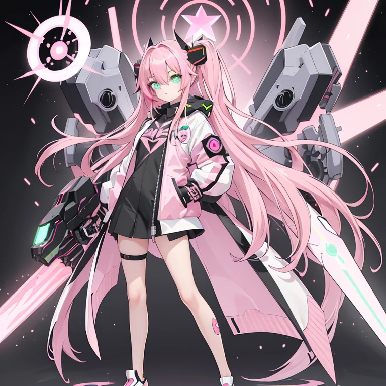 ((masterpiece))) whole body, whole body Shot (One Girl) ((Pink Hair, Long Hair, Straight hair, Both sides up))), ((Green Eyes))), eye shadow, eyeliner, Glow Eye, Hyper Detail Eye, Complex eyes, Beautiful Eyes, Fine grain, (((Star-shaped pupils, Shining pink eyes))) 18-year-old girl. (Wearing a transparent PVC jacket)) huge cool weapon mechanical in hand, huge cool weapon mechanical, Mecha, Mechaanism, mechanical, Open Stance, Coalesce