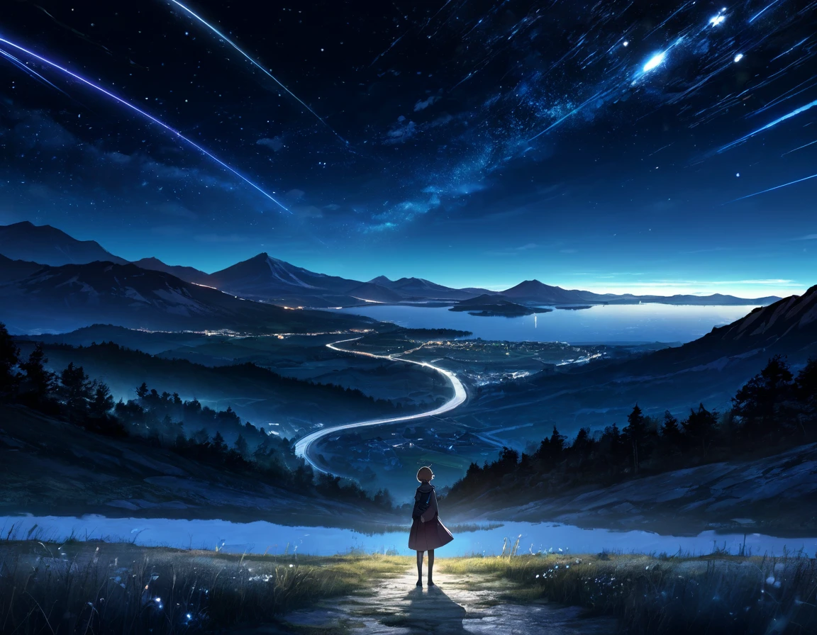 8K,high res,1 woman,((view of back)),she stands the front of the beautiful landscape,night