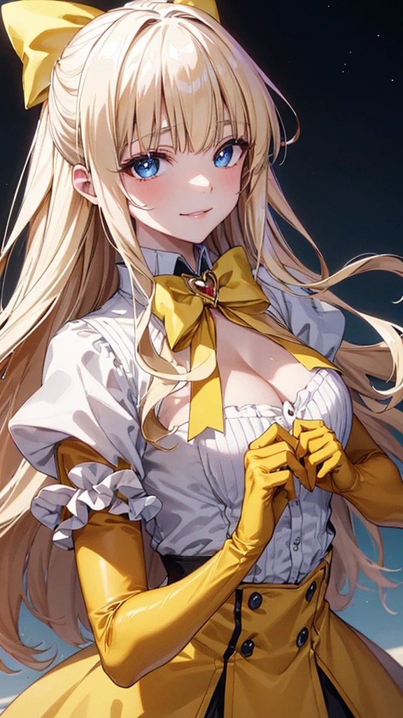 kaoruko tenkawa, long hair, blue eyes, blonde hair,(blunt bangs),bow, hair bow, yellow bow,gloves,white shirt,yellow dress, heart, elbow gloves, magical girl, yellow gloves,flat chest,smile,masterpiece,Noise Reduction,perfect anatomy,high resolution, ultra-detailed, ultra-detailed face,game cg,dutch angle ,beautiful detailed eyes,visualart,five fingers, perfect hands, perfect lighting, sparkling pupils,