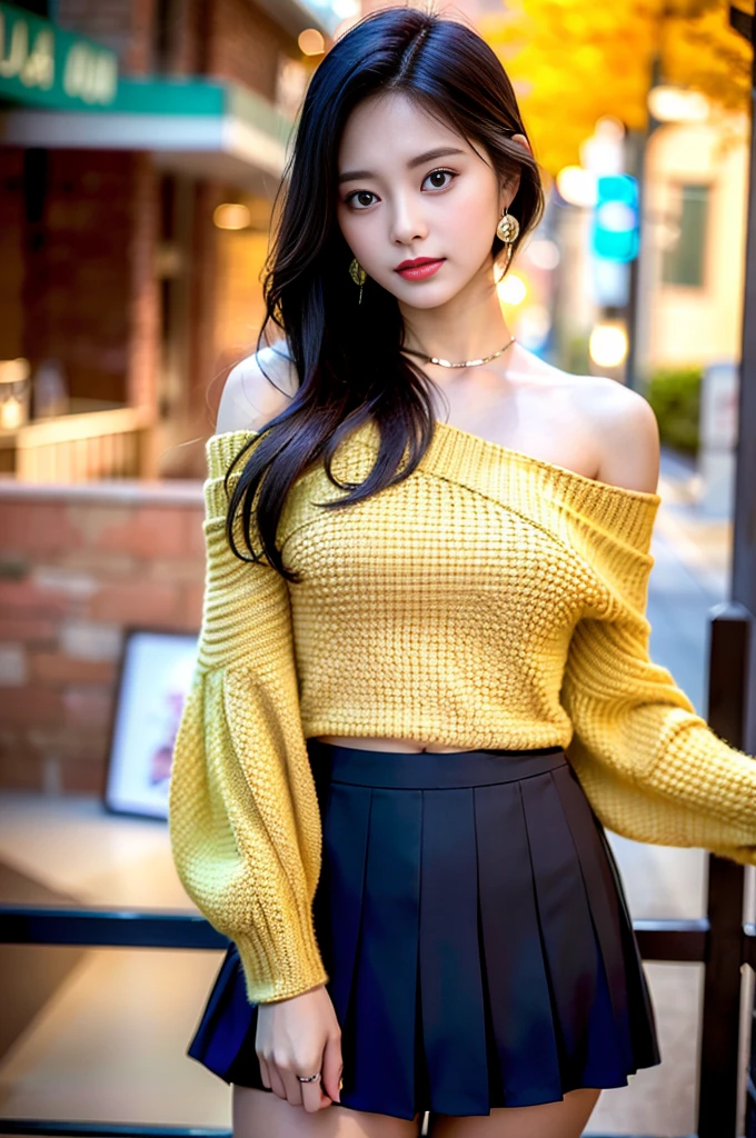 Adorable , Gorgeous , Beautiful , Russian Baby Face , Smiling , Huge Breasts , Slim Waist , 25 Years Old , White Skin , Wearing Yellow Off Shoulder Knit Croptop , ((Bokeh:1.1)) , ((Night:1.3)) , Sit on Blue Sofa , Full Body , HDR , EF 24-70mm f/2.8L II USM