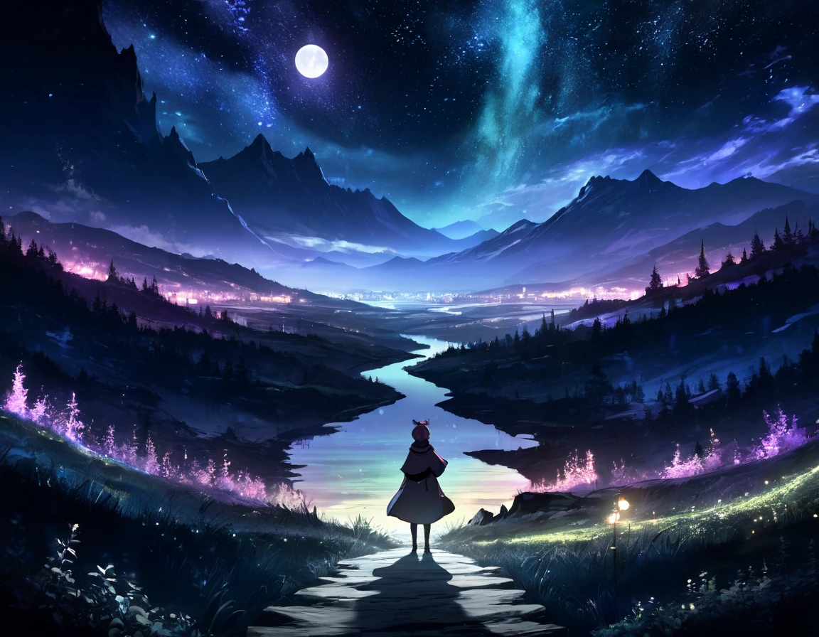 8K,high res,1 woman,((view of back)),she stands the front of the magical landscape,night