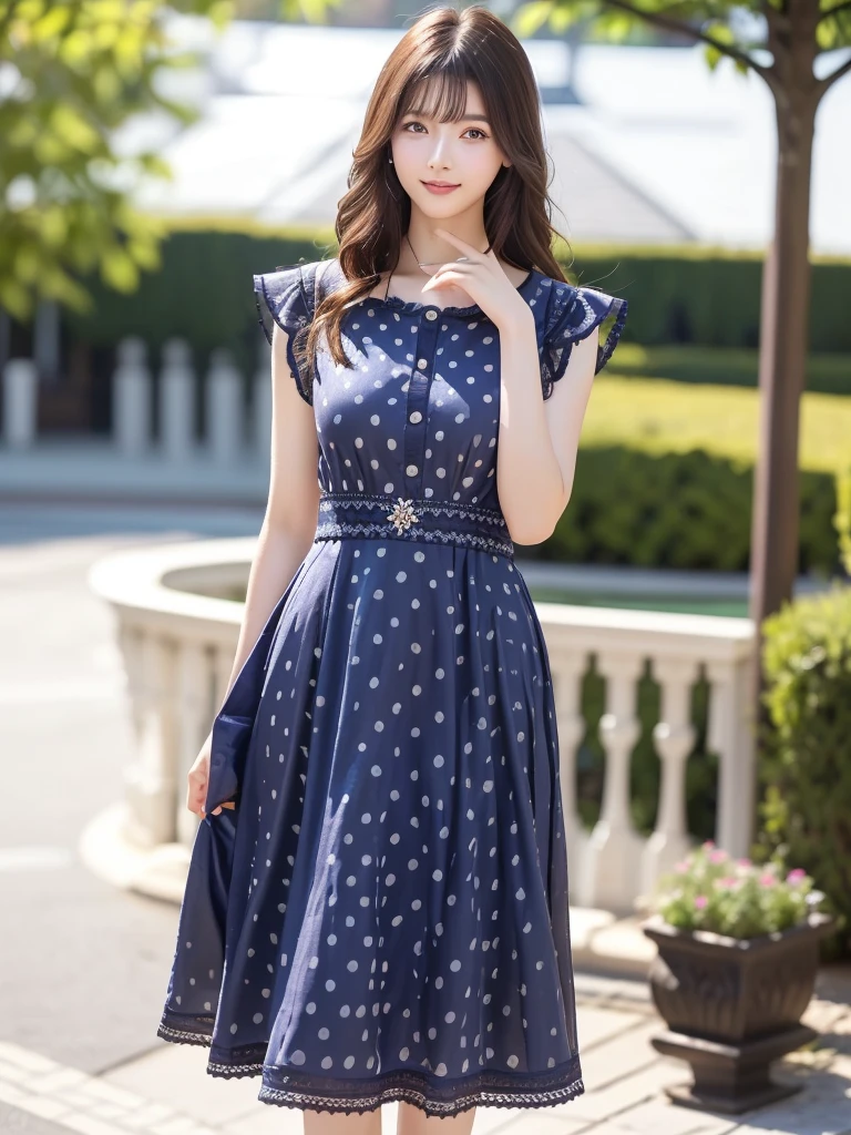 Photo-realistic quality、A 20-year-old Japanese model is standing in a white dress、 rococo ruffles dress, white with black spots,Stylish dresses、White Summer Dress、Cute Dresses、Looking at the camera、Detailed and beautiful eyes、Cute smile、A soft and gentle look、Natural smile