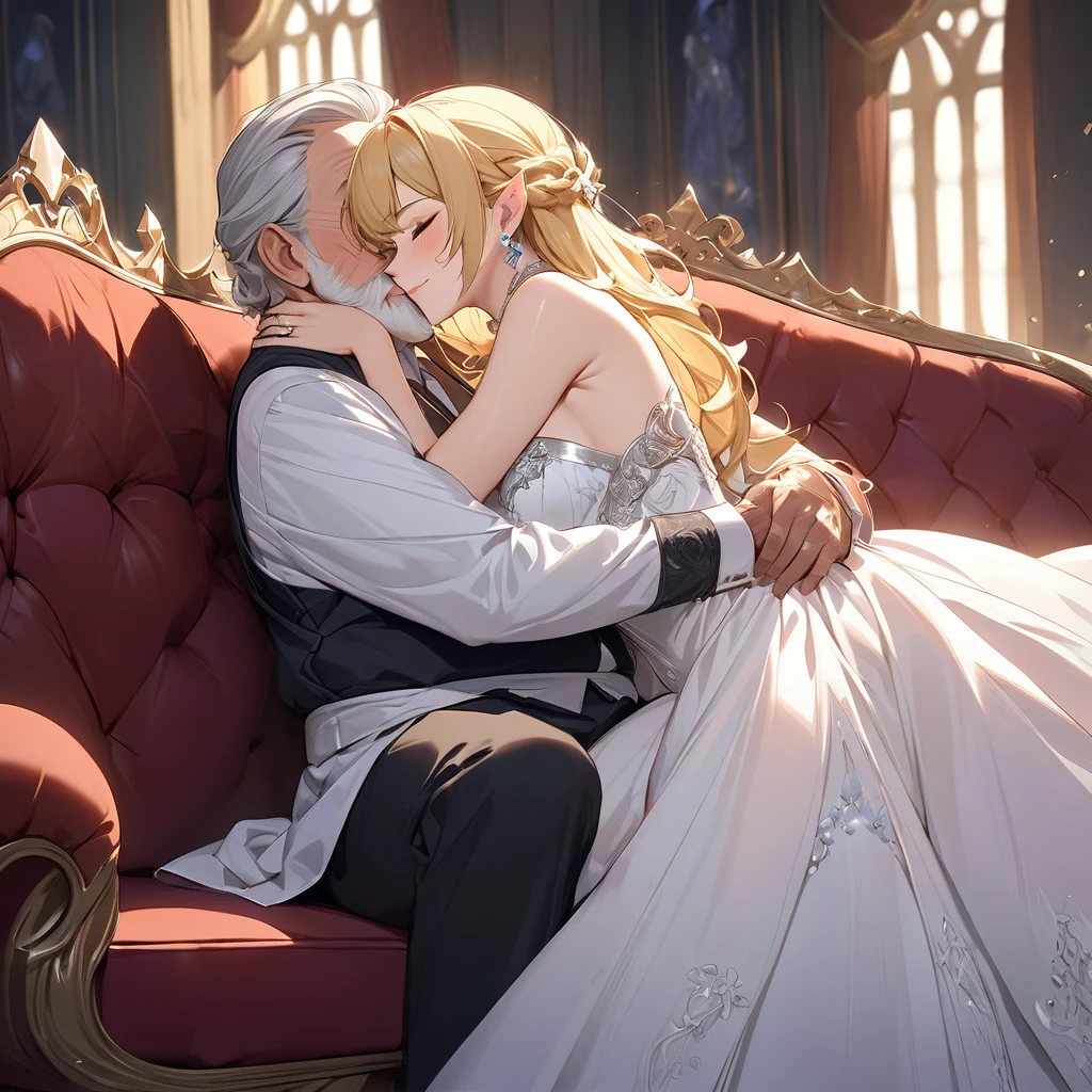 ((Best Quality)), ((masterpiece)), (detailed), （Perfect Face）、The woman is Seras Ashlain, a blonde elf queen wearing a gorgeous royal white dress, adorned with gorgeous jewelry and an engagement ring.、On a large, luxurious sofa, a woman and an elderly man are embracing each other, embracing each other as they make love.、The old man is the king