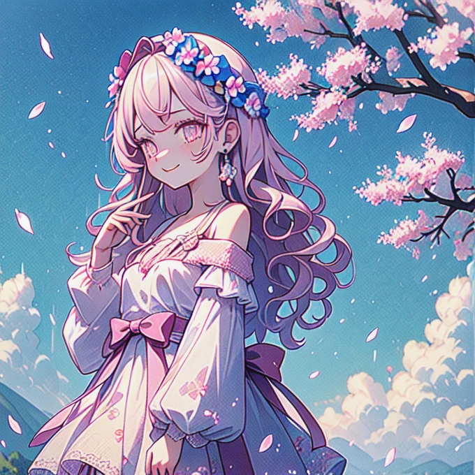 art by Cornflower, dreamy, cherry_blossoms, falling_petals, petals, branch, pink_flower, 1girl,20-year-old, blue_sky, spring_(season), petals_on_liquid, flower, hanami, dress, (Long blond curly hair：1.5),Wearing a wreath,sky, outdoors, cloud, bangs, smile, pink_eyes, White skirt with cherry blossom embellishments, bare_shoulders, earrings, holding_flower, wind, tree, looking_at_viewer,cowboy shot,