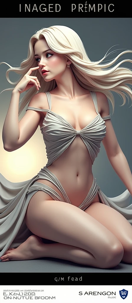 a woman in a long silver solid draped spaghetti dress, silver high heels, diamond hair piece, , shoulder length slightly wavy hair, ((light golden brown hair)) and gleaming detailed vibrant grey eyes, slim frame, medium breasts, long legs, beautiful face, small butt size, small feet size, small hand size, perfect hands, scary face, beautiful face, pretty face, hot woman, British woman, cream skin, small soft pink lips , medium breast size, slim figure, standing pose, soft features, cute girl, perfectly framed face, soft pink lips, glossy lips