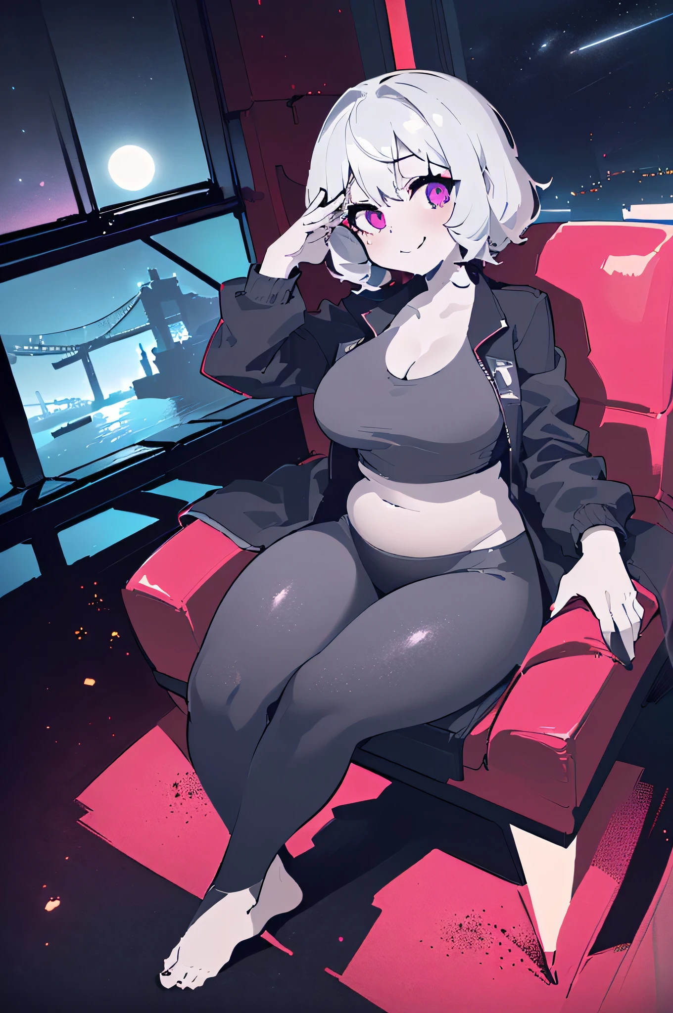 1girl, (Taken from afar:1.5),(Top down angle:1.5),(Sitting on a soft chair:1.5),(Cyberpunk, black sports jacket, Gray leggings, Crop Tee, red particle, Night background, Beautiful night sky, window, Moonlight, dark atmosphere:1.5),(:1.5), (morning, sunlight:1.5), (Beautiful shades:1.5), (dynamic angle:1.5), [ 4k digital art ]!!,(A well-made chest, prominent cleavage:1.5), (purple eyes:1.5), (White hair, Short hair with inward curling perm, There is a pink bridge at the end of the head.:1.5), (oversized:1.5), (Barefoot, flushing:1.5), (smiling faintly, flushing, Ashamed:1.5),(muffin top, Aegyo belly fat, sunken waist:1.5), (Thick legs and buttocks :1.3)
