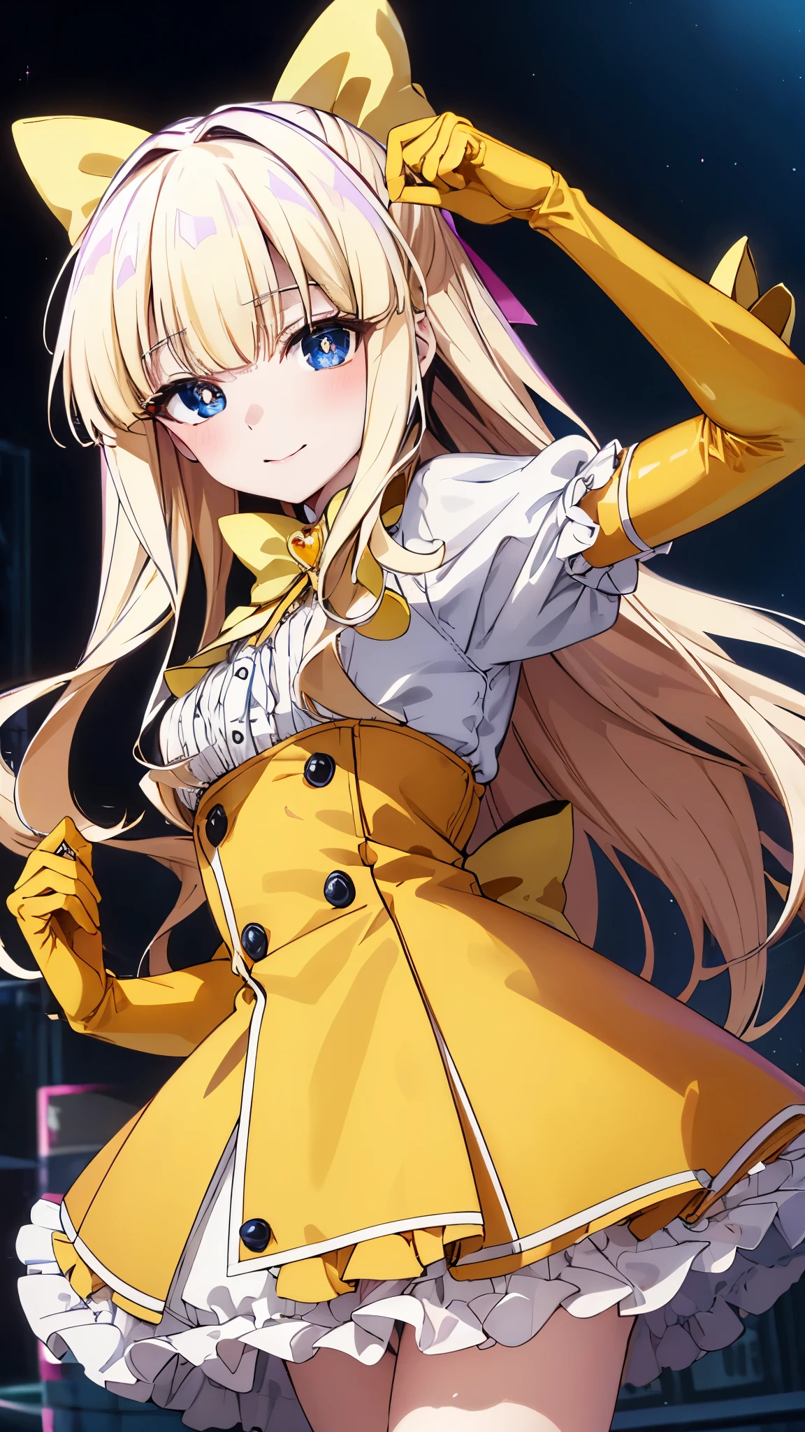 (chibi:1.2),kaoruko tenkawa, long hair, blue eyes, blonde hair,(blunt bangs),bow, hair bow, yellow bow,gloves,white shirt,yellow dress, heart, elbow gloves, magical girl, yellow gloves,flat chest,smile,masterpiece,Noise Reduction,perfect anatomy,high resolution, ultra-detailed, ultra-detailed face,game cg,dutch angle ,beautiful detailed eyes,visualart,five fingers, perfect hands, perfect lighting, sparkling pupils,