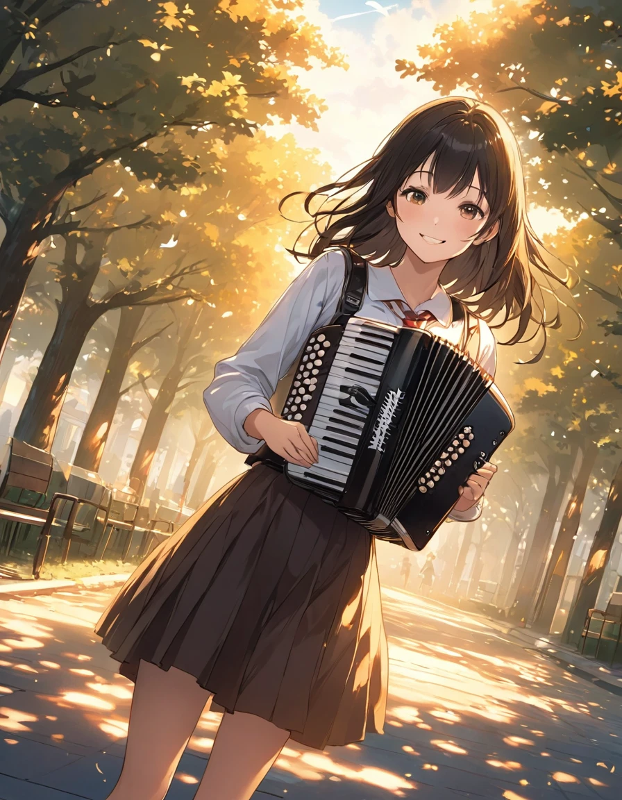 super fine illustration, highly detailed, dynamic angle, beautiful detailed, 8k, In September, after school, in a calm and quiet park, BREAK a black long straight hair high school girl practices the accordion happily, her smile shining as she plays. BREAK The sunset softly lights the park, casting long shadows from the trees. BREAK Musical notes dance lightly in the wind, and her bright music fills the peaceful atmosphere.