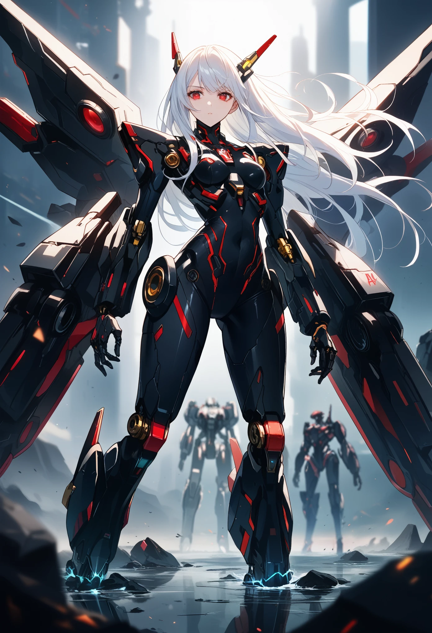 Mechanical Weapon Girl. （Close-up）Full body bodysuit. Latex. Cyber wind. Light armor. A look of contempt. Grey hair. Breasts perky. Glowing red eyes. Glowing core. A mechanical monster in the background. large sharp claws; Mechanical Fang. Red and black machine. Battleship. Sit down. Cross legs. Arms crossed. A swarm of mechanical insects.