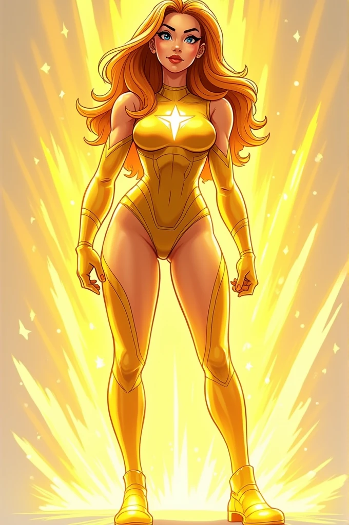 Female huge breasts strong  fit sexy Russian super hero attractive intimidating glowing eyes long blonde hair body red body suit with yellow cape flaming background full body shot walking