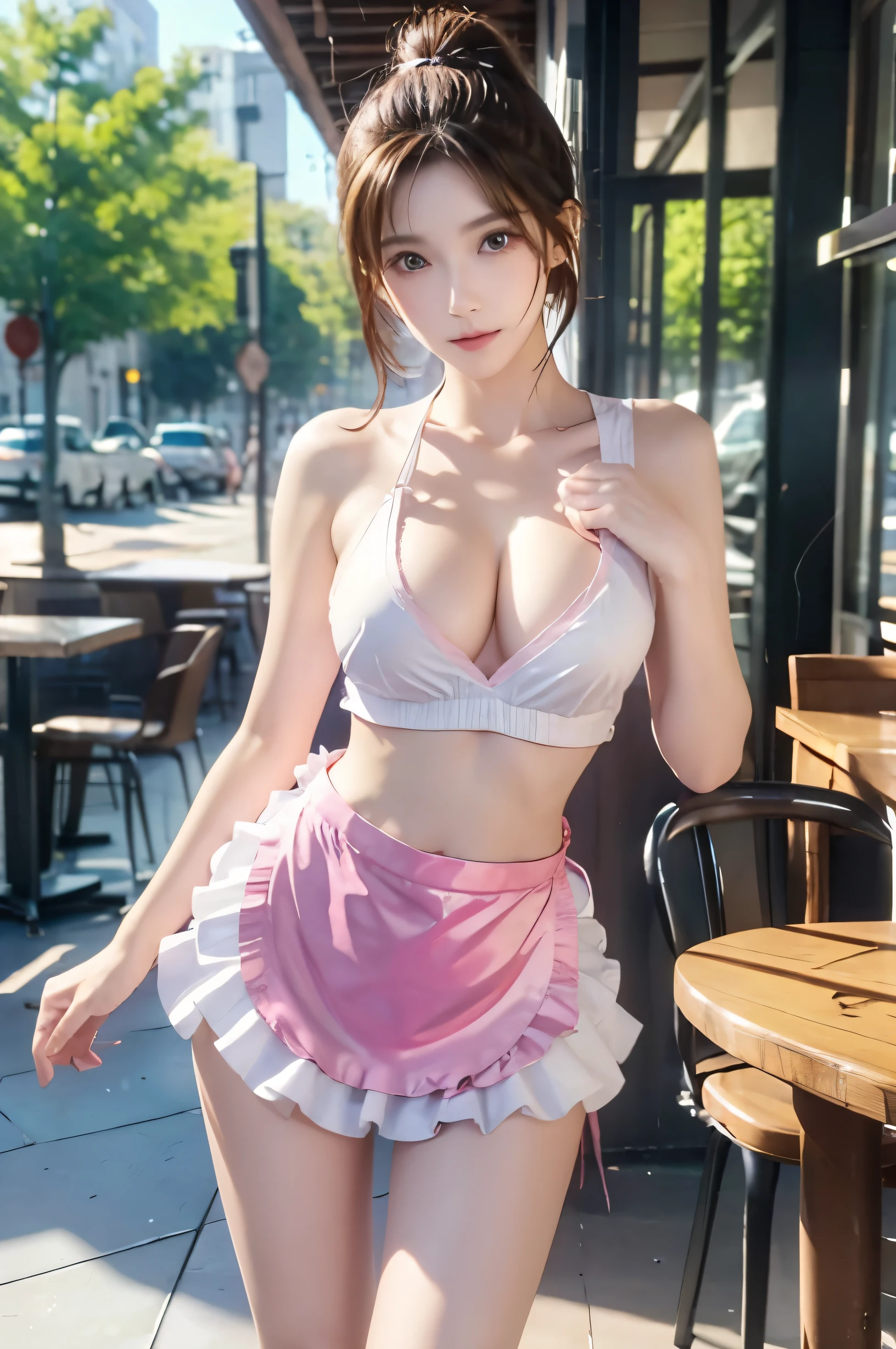 (Ultra HD), (Looking at me), (The whole body is shown), (Pink Waitress:1.2, White ruffled apron), Super beautiful breasts, Big Breasts, Slender, Narrow waist, (Thin legs:1.2), (Thin thighs:1.2), (Thin Hips:1.4), (Beautiful Skin, Shiny skin, White skin), (Super slim face, Super beautiful face, No makeup, Smile:0.6), (Light Brown, ponytail, Layered Cut, Fluffy hair), (Big eyes:1.4, High corners of the eyes:1.4, Double eyelids), (Thin eyebrows:0.1), (Small Nose:0.6), (Thin lips:0.6), Standing, Coffee shop