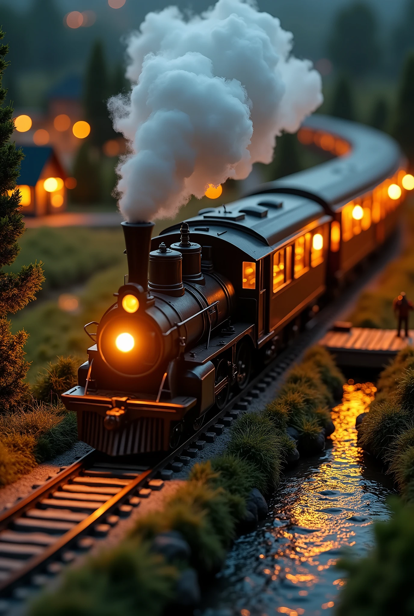 A captivating high-angle shot of a miniature countryside, featuring a detailed steam locomotive pulling a passenger train. The train’s headlamp shines brightly as thick, realistic steam billows from the locomotive's chimney, creating a dramatic contrast against the dark night-time background. The passenger cars are warmly lit with tiny artificial lamps, casting a soft glow across the scene. The train winds through the miniature countryside, with a running river flowing gently through the landscape, and small bridges crossing over it. The distant high-angle perspective captures the entire scene, highlighting the intricate details of the train, the glowing lamps, and the charming miniature landscape below.