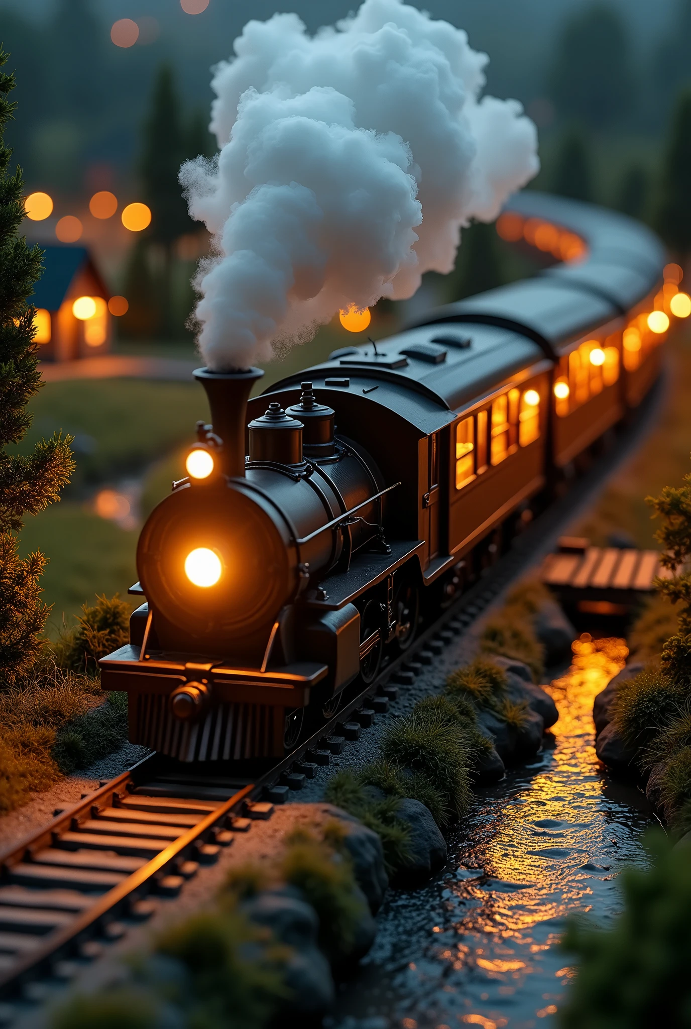 A captivating high-angle shot of a miniature countryside, featuring a detailed steam locomotive pulling a passenger train. The train’s headlamp shines brightly as thick, realistic steam billows from the locomotive's chimney, creating a dramatic contrast against the dark night-time background. The passenger cars are warmly lit with tiny artificial lamps, casting a soft glow across the scene. The train winds through the miniature countryside, with a running river flowing gently through the landscape, and small bridges crossing over it. The distant high-angle perspective captures the entire scene, highlighting the intricate details of the train, the glowing lamps, and the charming miniature landscape below.