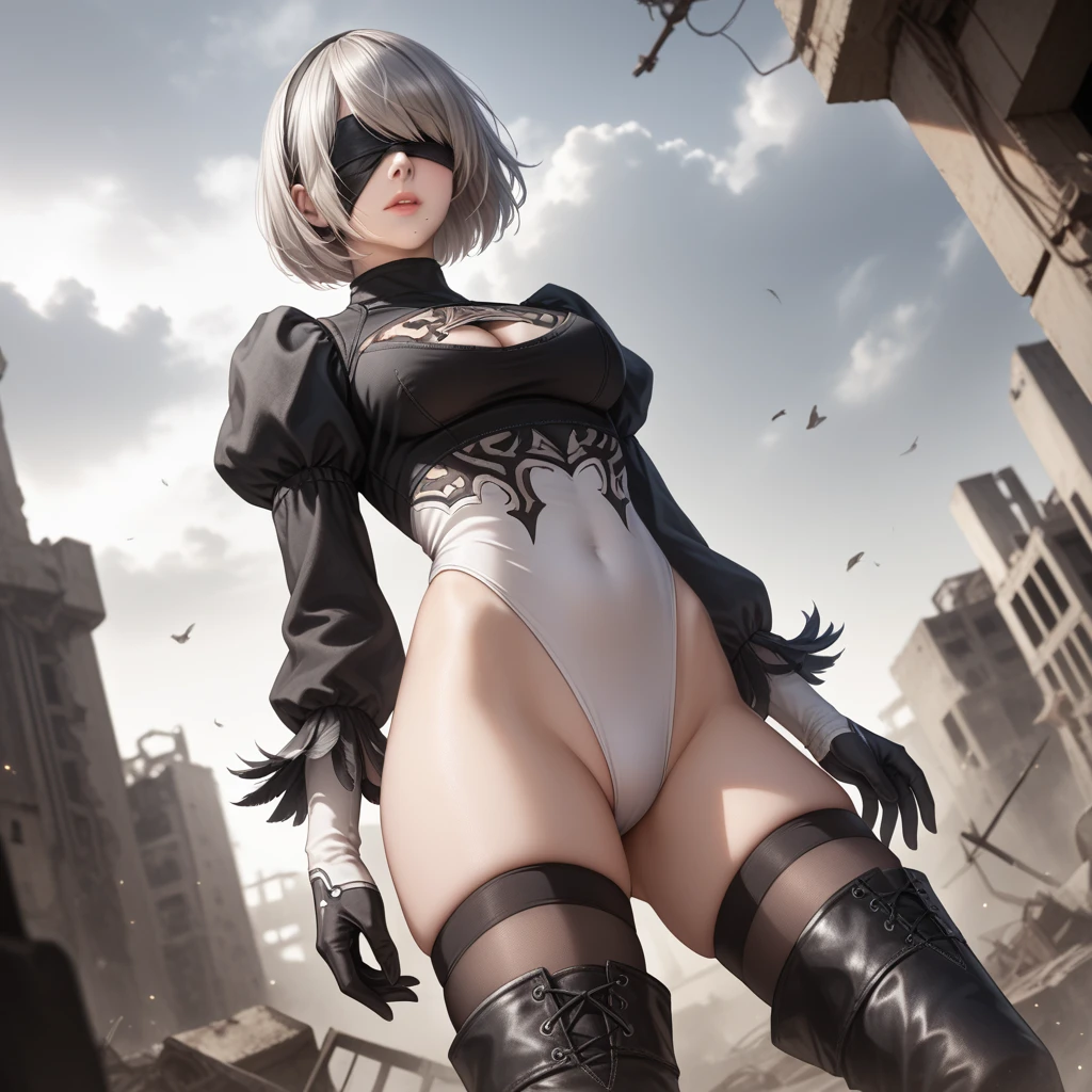 score_9, score_8_up, score_7_up, 32k,masterpiece, highest quality, 
photo realistic, super detail, vibrant colors, chiaroscuro lighting, cinematic lighting,
1 woman, inspired nier automata 2B,
bob cut, gray hair, bangs, mole under mouth, blindfold,
2B leotard, cleavage cutout, skirt, thighhighs under boots,
ruins, a ruined world, devastated cities, dark cloudy sky,
seductive pose, dramatic angle,