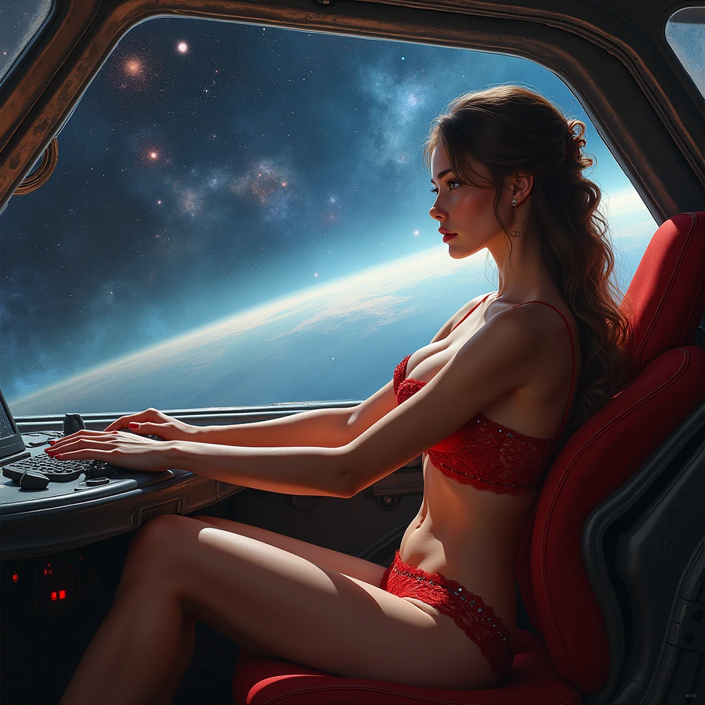hyper realistic, photorealism, professional photography, sitting in a spacecraft control seat, with control panels and a view of a space station control tower, a realistic close up side view photo of a blonde young busty female teenage model typing on a keyboard, wearing a hyper frilly sleeveless strappy lacy short white glossy silk nightwear top and loose panties